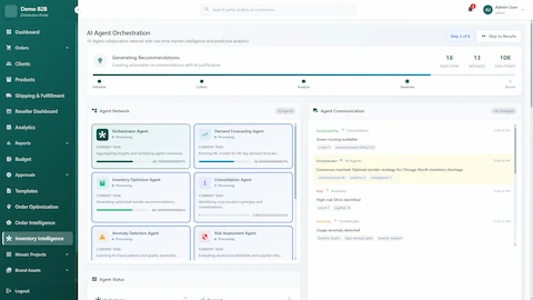 10-agent collaborative network in recommendation generation phase showing Orchestrator, Demand Forecasting, Inventory Optimizer, Consolidation, Anomaly Detection, and Risk Assessment agents with real-time progress tracking, agent communication panel displaying sustainability alerts, consensus decisions, and anomaly detection messages